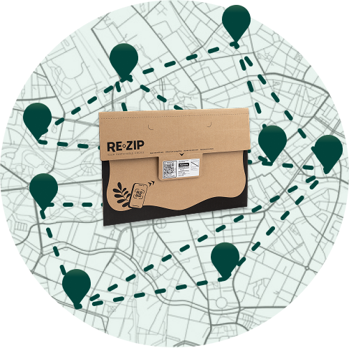 RE-ZIP QR code on a piece of reusable packaging